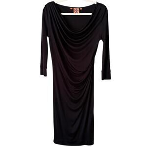 Tory Burch | 100% Silk Draped Cowl Neck Knee Length Ruched Dress Black Small
